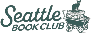 seattle book club logo with a wagon of books with a cat sitting on top